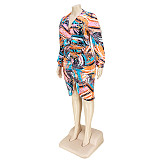 V Neck Long Sleeve Print Ruched Plus Size Dresses ASL-7085