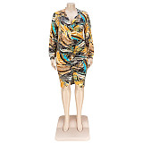 V Neck Long Sleeve Print Ruched Plus Size Dresses ASL-7085