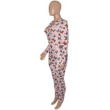 Mesh Sheer Butterfly Print Zip Long Sleeve Jumpsuit SH-390379