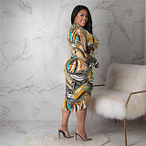 V Neck Long Sleeve Print Ruched Plus Size Dresses ASL-7085