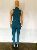 Turn Down Collar Sleeveless Bodycon Denim Jumpsuit LX-3530