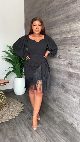 Lantern Long Sleeve Tassel Slim Hip Wrap Elegant Dress LS-0379
