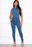 Turn Down Collar Sleeveless Bodycon Denim Jumpsuit LX-3530
