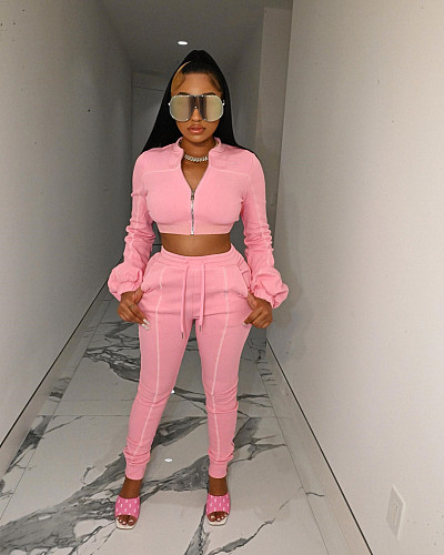 Zipper Cropped Jacket Tops+Jogger Pants 2 Piece Set LSD-83110