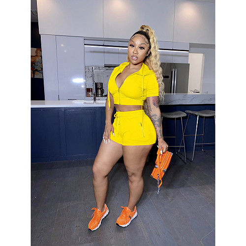 Hooded Short Sleeve Zipper Crop Top+Shorts 2 Piece Set IV-8157