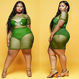 Sheer Mesh Letter Print Short Sleeve Plus Size Dress JLY-19322