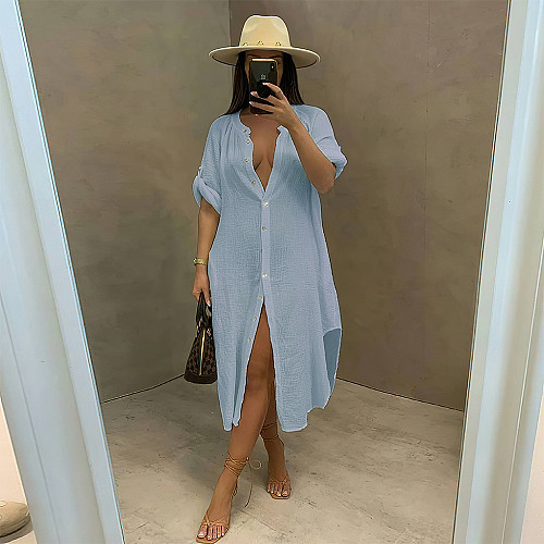 Solid Color Single-breasted Long Sleeve Shirt Dress BNY-7268