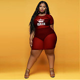 Sheer Mesh Letter Print Short Sleeve Plus Size Dress JLY-19322
