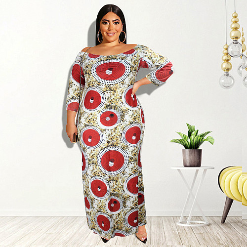 Off Shoulder Slash Neck Printed Plus Size Dresses JLY-19408