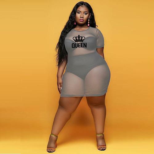 Sheer Mesh Letter Print Short Sleeve Plus Size Dress JLY-19322