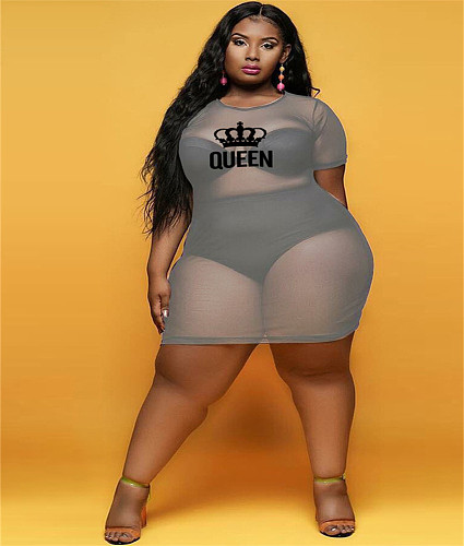 Sheer Mesh Letter Print Short Sleeve Plus Size Dress JLY-19322