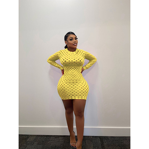 Long Sleeve O Neck Hollow Out Mesh Dresses FOS-8312