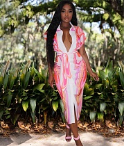 Printed Short Sleeve Button Up Shirt Dress with Sashes YF-10163