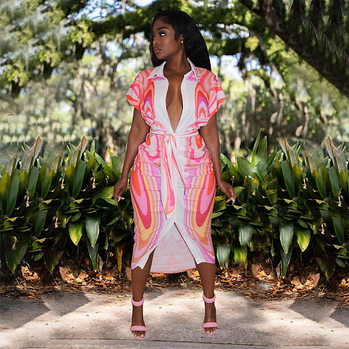 Printed Short Sleeve Button Up Shirt Dress with Sashes YF-10163
