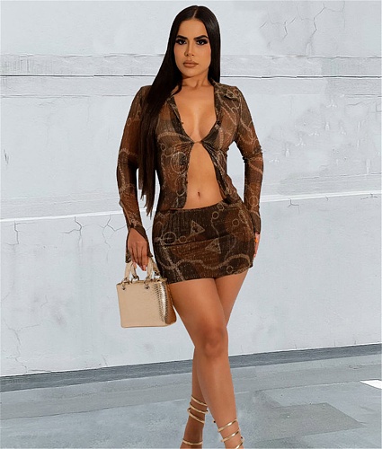 See-through Print Long Sleeve Shirt Tops Mini Skirts Set YF-10226