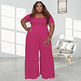 Plus Size 5XL Loose Solid Short Sleeve Wide Leg Jumpsuit OSS-20722