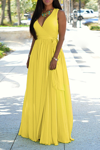 V Neck Lace Up Sleeveless Chiffon Loose Maxi Dress MK-3113