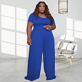 Plus Size 5XL Loose Solid Short Sleeve Wide Leg Jumpsuit OSS-20722