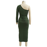 One Shoulder Long Sleeve Ruched Bodycon Dresses YF-10055