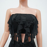 Mesh See Though Ruffle Strapless Crop Tops Pants Set YF-10069