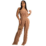 Mesh See Though Ruffle Strapless Crop Tops Pants Set YF-10069