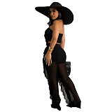 Mesh See Though Ruffle Strapless Crop Tops Pants Set YF-10069