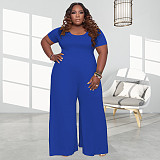 Plus Size 5XL Loose Solid Short Sleeve Wide Leg Jumpsuit OSS-20722