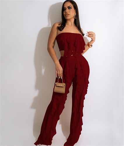 Mesh See Though Ruffle Strapless Crop Tops Pants Set YF-10069