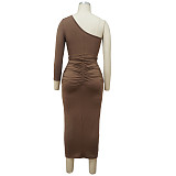 One Shoulder Long Sleeve Ruched Bodycon Dresses YF-10055
