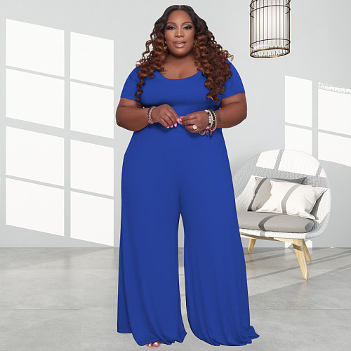 Plus Size 5XL Loose Solid Short Sleeve Wide Leg Jumpsuit OSS-20722