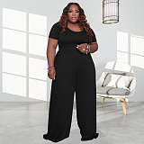 Plus Size 5XL Loose Solid Short Sleeve Wide Leg Jumpsuit OSS-20722