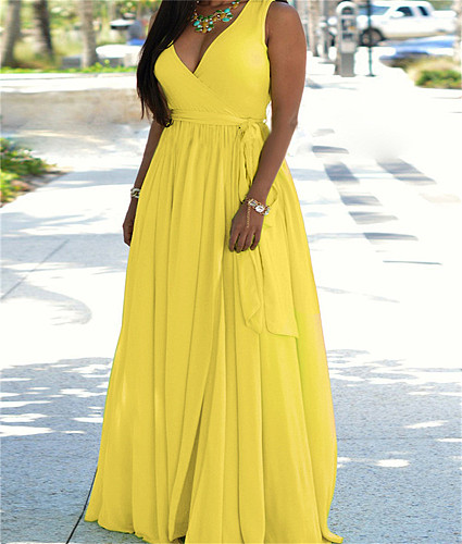 V Neck Lace Up Sleeveless Chiffon Loose Maxi Dress MK-3113