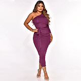 One Shoulder Long Sleeve Ruched Bodycon Dresses YF-10055