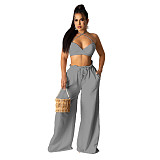 Lace Up Halter Bra Crop Top+Wide Leg Pant Suits HANI-036