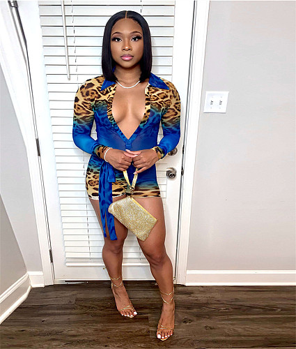 Leopard Print Long Sleeve Lace Up Slim Rompers YNS-1699