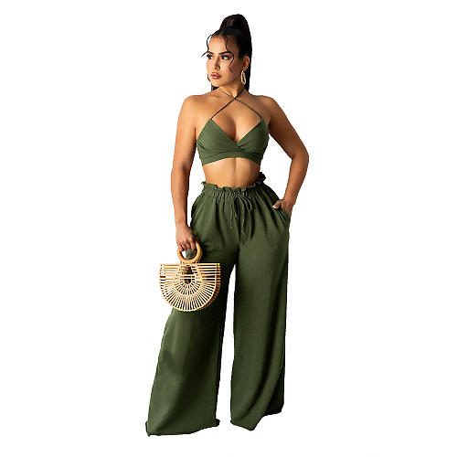 Lace Up Halter Bra Crop Top+Wide Leg Pant Suits HANI-036