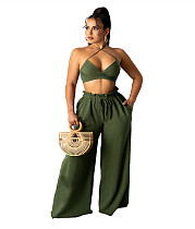 Lace Up Halter Bra Crop Top+Wide Leg Pant Suits HANI-036