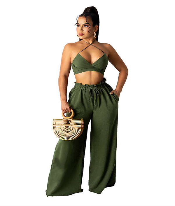 Lace Up Halter Bra Crop Top+Wide Leg Pant Suits HANI-036