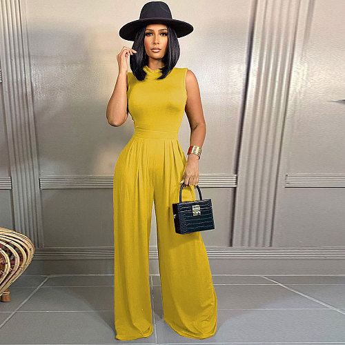 Solid Sleeveless Tank Tops Wide Leg Pants 2PCS Set FSX-328