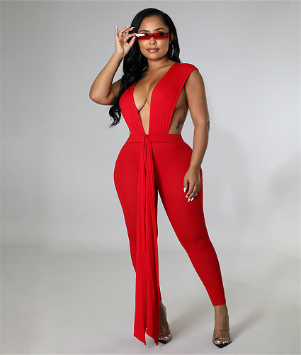Deep V Neck Sleeveless Sheath Lace Up Jumpsuit YNS-1698