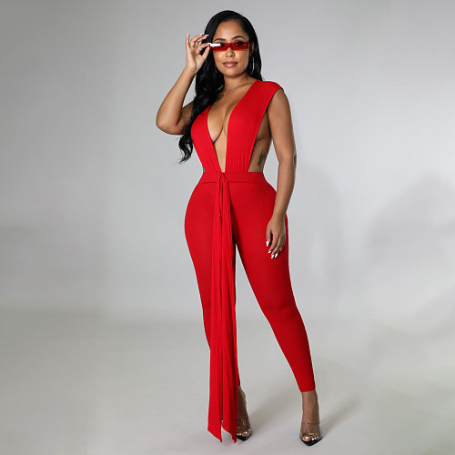 Deep V Neck Sleeveless Sheath Lace Up Jumpsuit YNS-1698