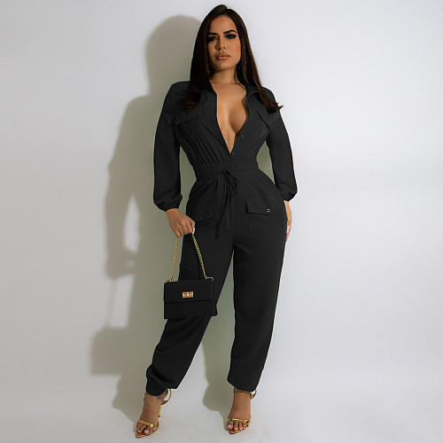 Solid Regular Button Down High Waist Jumpsuits MA-519