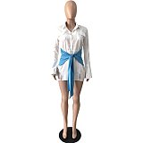 Turn Down Long Sleeve Patchwork Lace Up Shirt Dress YNS-1843