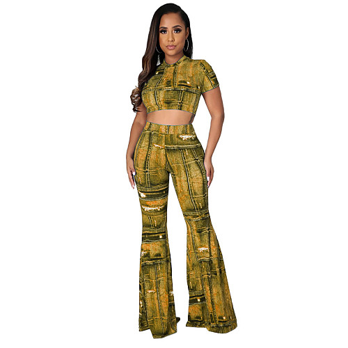 Short Sleeve Crop Top+Bell-bottoms 2 Piece Pants Set HANI-022