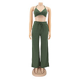 Lace Up Halter Bra Crop Top+Wide Leg Pant Suits HANI-036