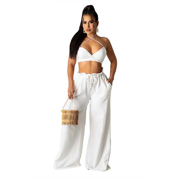 Lace Up Halter Bra Crop Top+Wide Leg Pant Suits HANI-036