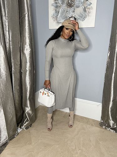 Long Sleeve Ribbed Slit Long Top Pencil Pants Set ANDI-1403
