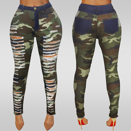 Street Ripped Holes Camouflage Printed Pencil Pants HSF-2696