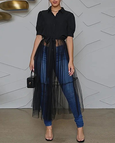 Mesh Patchwork Short Sleeve Shirt Maxi Dress BER-7013
