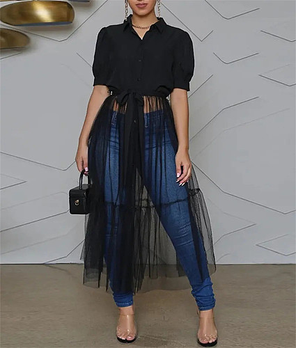 Mesh Patchwork Short Sleeve Shirt Maxi Dress BER-7013